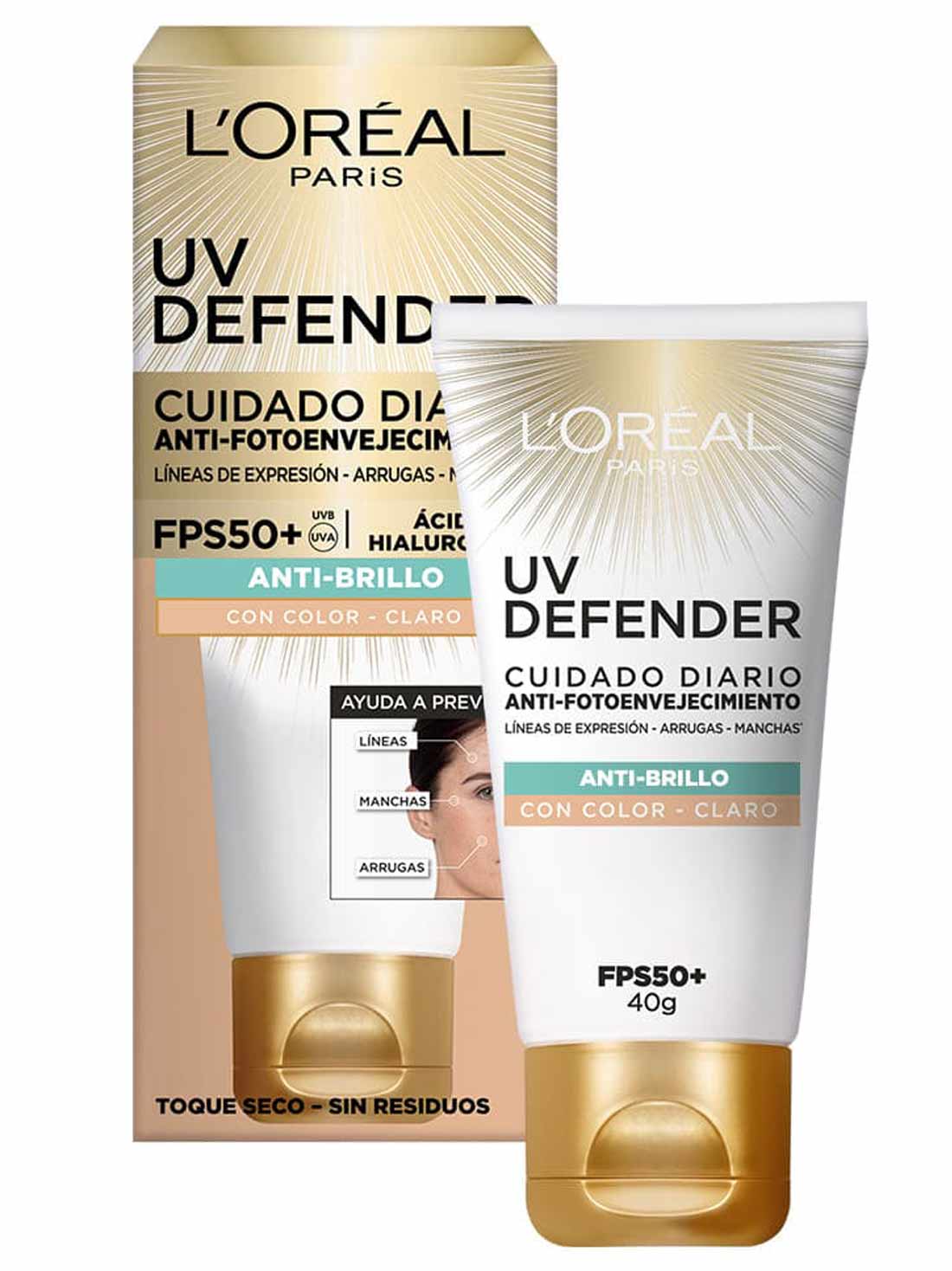 L'Oréal Paris protector UV defender FPS 50+ anti brillo tono claro  35322, ÚNICO, hi-res