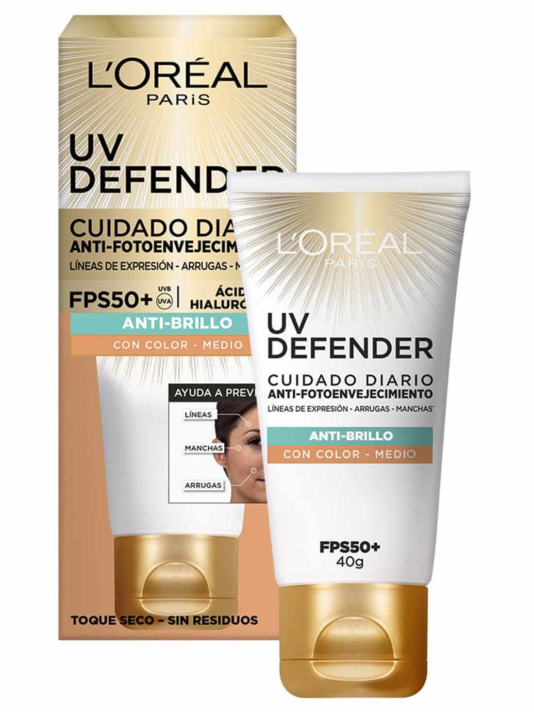 L'Oréal Paris protector UV defender FPS 50+ anti brillo tono medio  35323, ÚNICO, hi-res